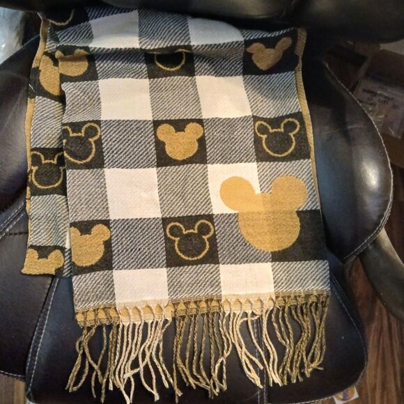 Plush Tan Black White MICKEY MOUSE Scarf Wrap Buffalo Check Long Wide - Picture 6 of 7